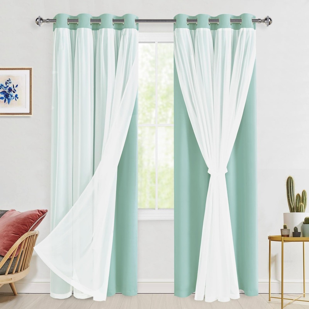 Aqua Blackout Curtains with Sheer 84 Inches Long, Thermal Insulated 52W X 84L